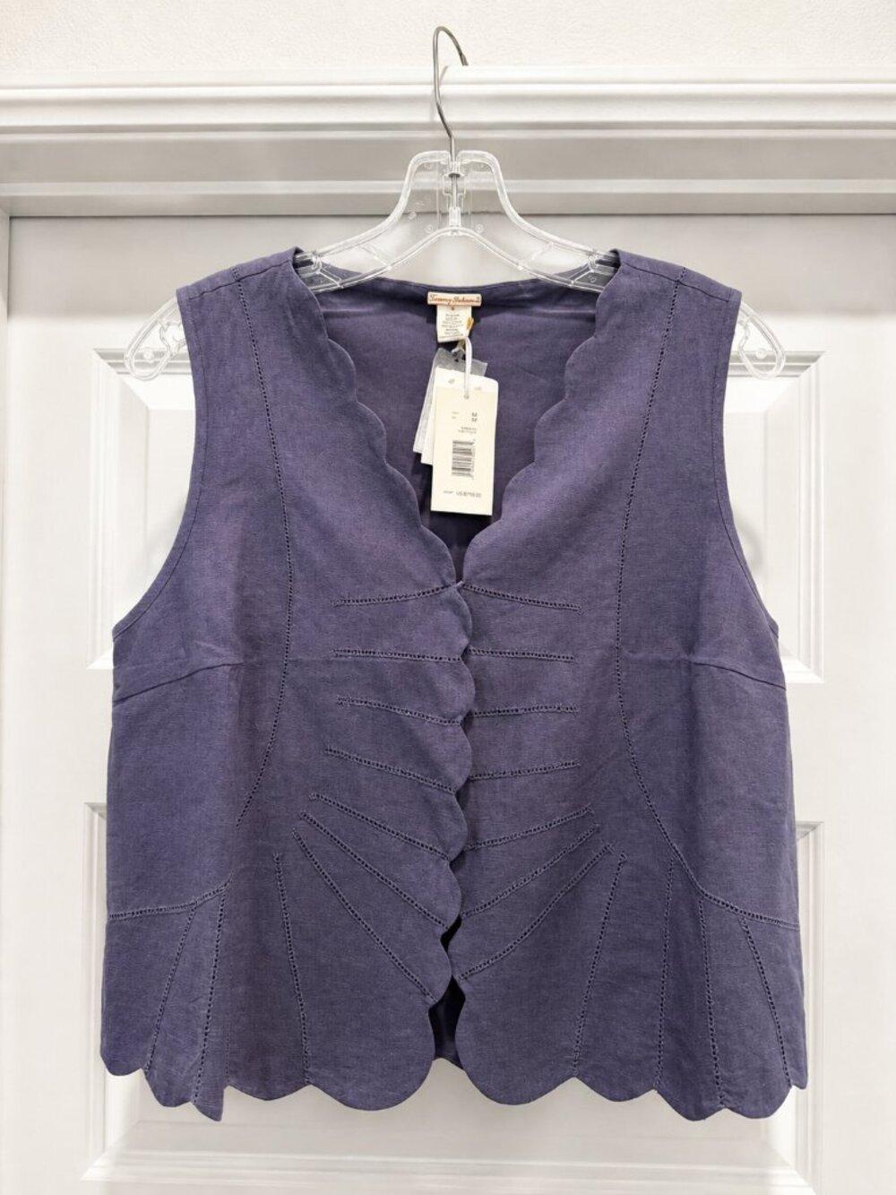 NWT Magaschoni Scalloped Linen Blend Sleeveless Top | Slate Blue | Medium